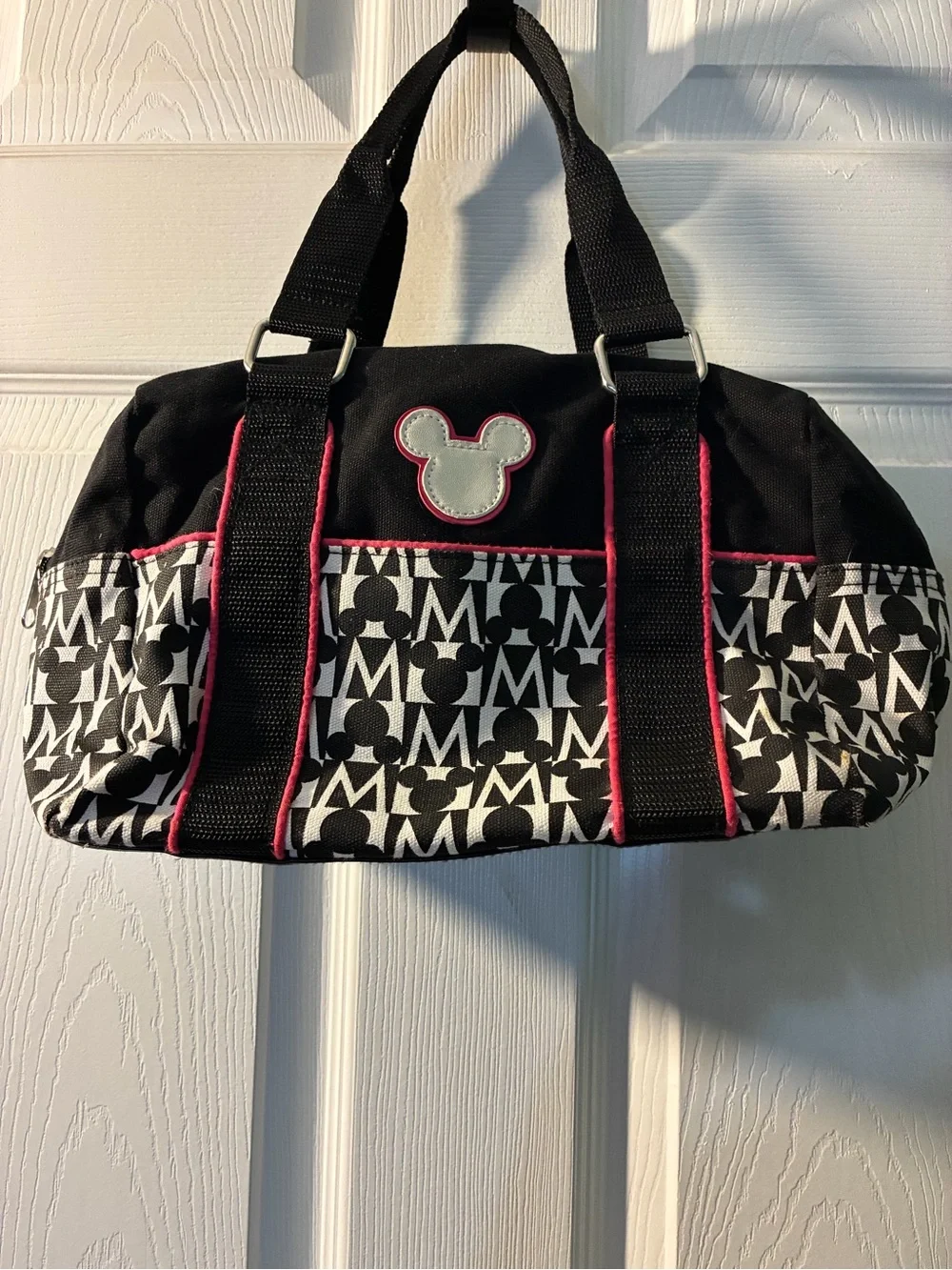 Disney Black & White Mickey Pattern Tote with Pink Trim